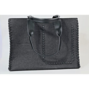 BCBG MAXAZRIA Whipstitched Gray Denim Tote Bag Large Shoulder Bag with Pouch